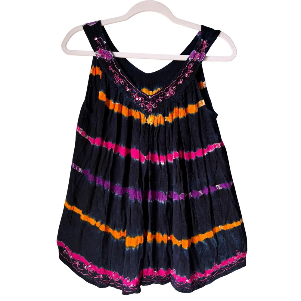 Women's Rayon Tie Dye Sleeveless Top Embroidered Sequin Boho Hippie Small Medium